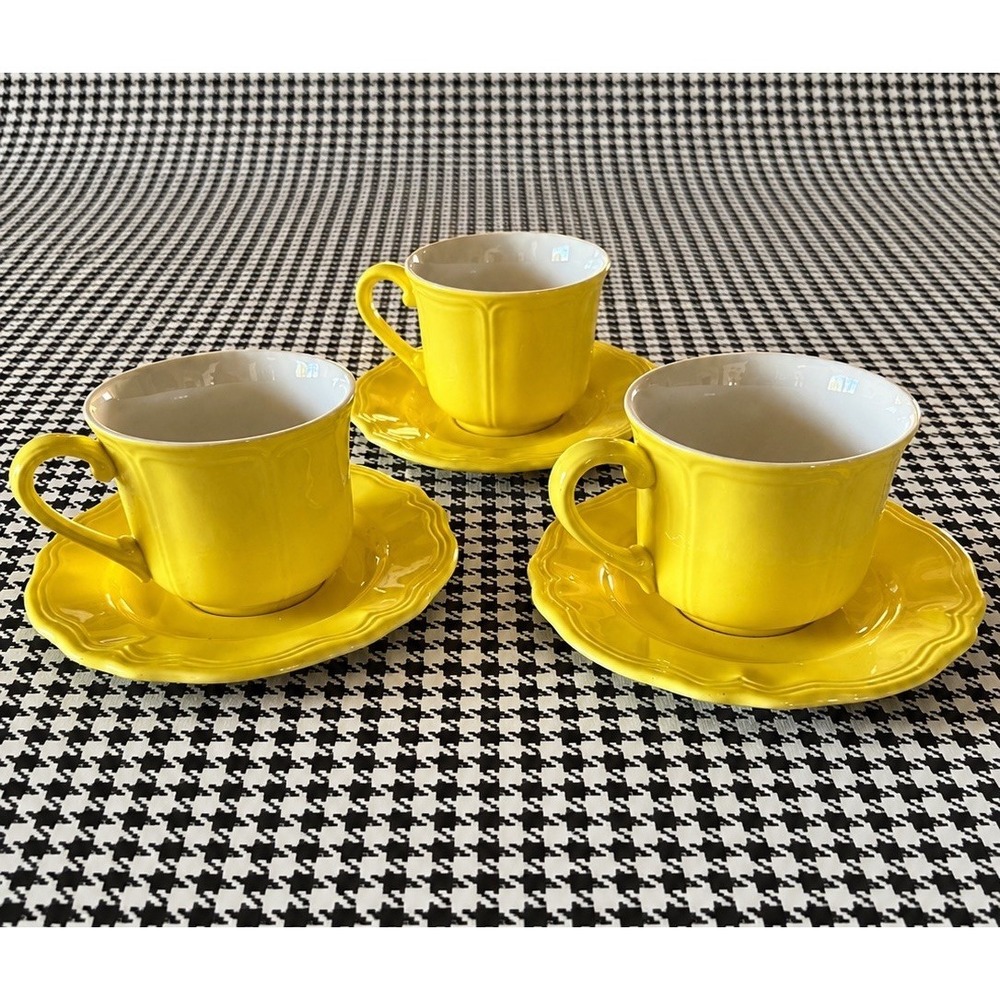 Set Of 3 Vintage Lemon Yellow Federalist Ironstone Cups &‎ Saucers #4236 Japan
